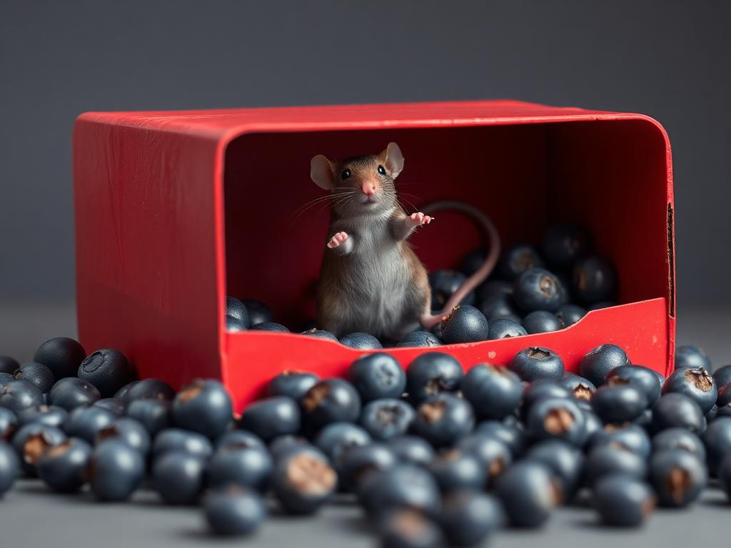 A red box of blue berries with a rat dancing inside
