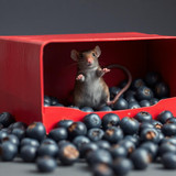 www.naked-ai.art - A red box of blue berries with a rat dancing inside
