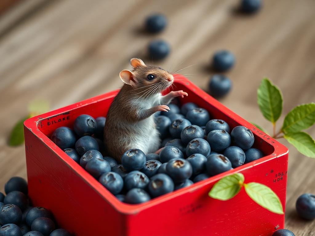 A red box of blue berries with a rat dancing inside