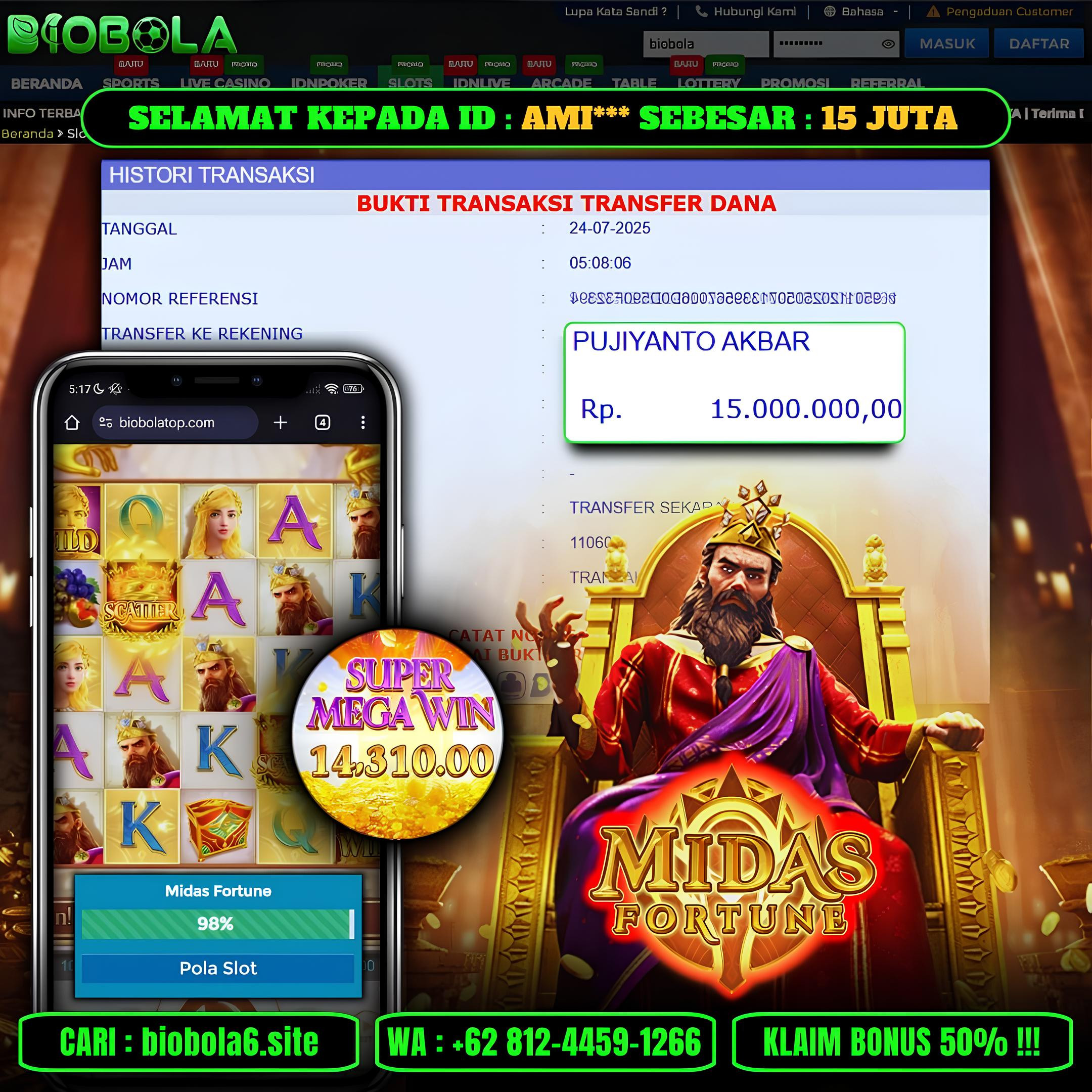 BIOBOLA  - JACKPOT DI GAME SLOT MIDAS FORTUNE RP 15JT DIBAYAR LUNAS
