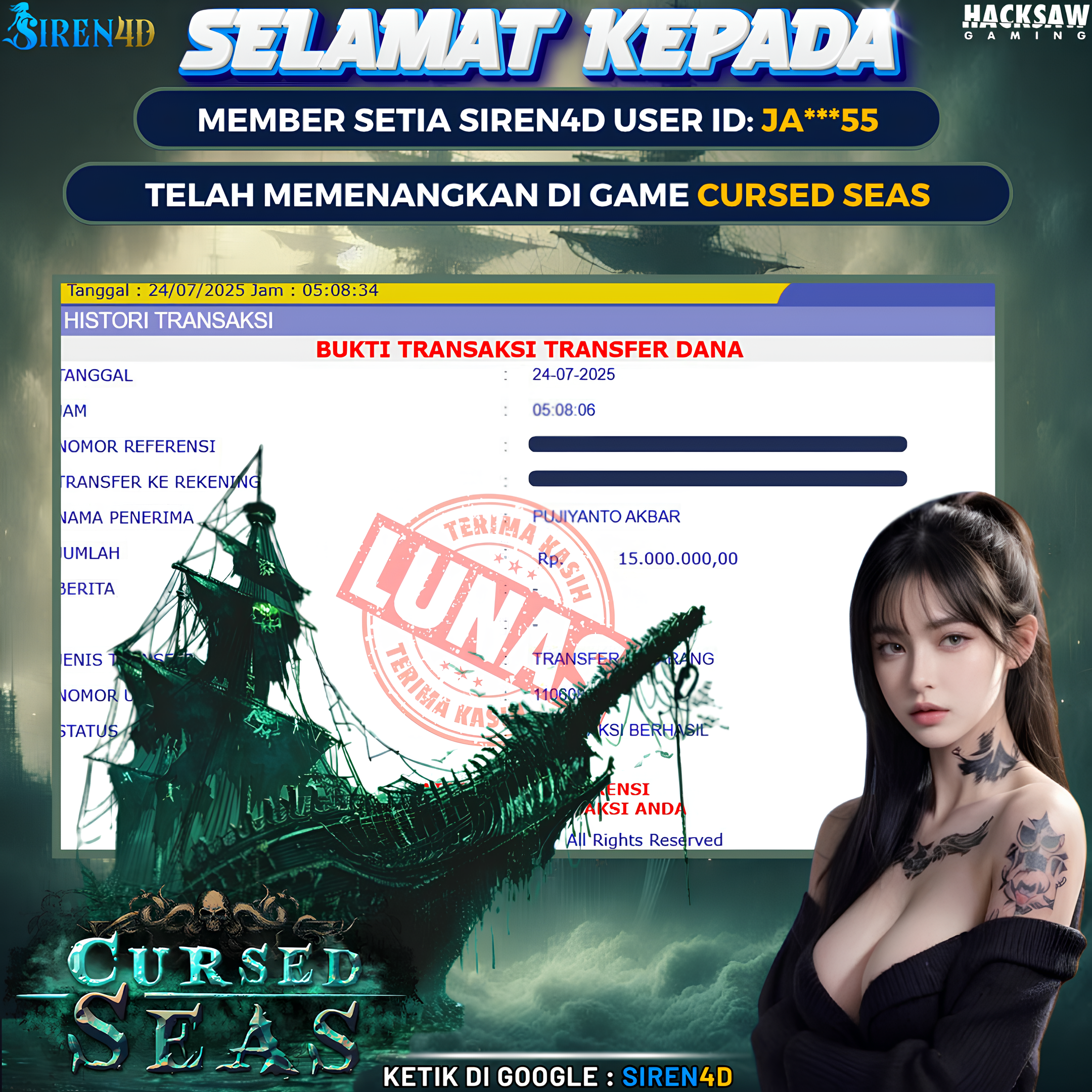 SIREN4D  - JACKPOT DI GAME SLOT CURSED SEAS RP 15JT DIBAYAR LUNAS
