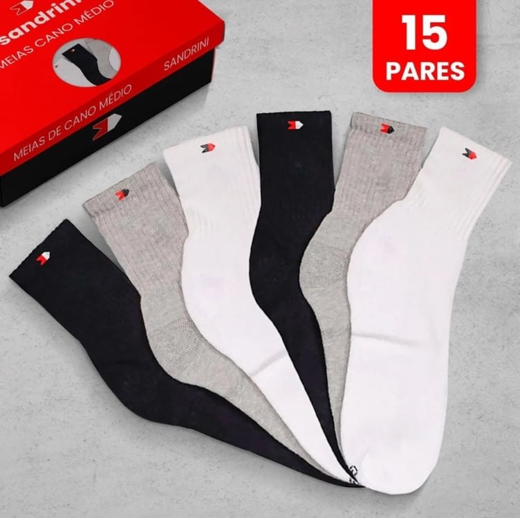 Kit 15 Pares Meias Sport Algodão Cano Alto Sandrini Conforto