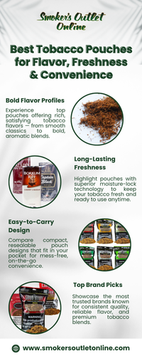 Discover the best tobacco pouches for flavor, freshness, and convenience in this detailed infographic, curated to help both new and seasoned smokers find their ideal blend. Featuring top-rated brands available at Smoker's Outlet Online, we highlight affordable, high-quality options that offer a satisfying smoking experience. Pipe tobacco pouches are not only portable and easy to use but are also crafted to preserve freshness and deliver rich, diverse flavors. Whether you enjoy aromatic blends or a more natural smoke, this guide will point you to the perfect pouch to match your taste.

Shop now at: https://www.smokersoutletonline.com/pipe-tobacco/pipe-tobacco-by-the-pouch/brands.html