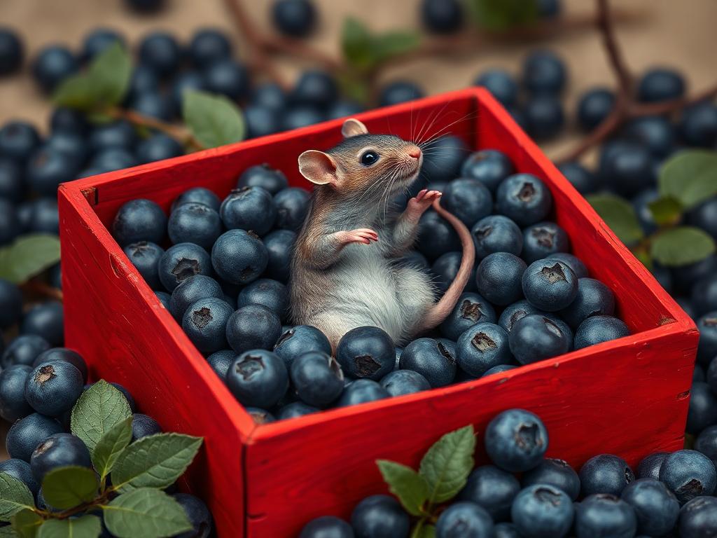 A red box of blue berries with a rat dancing inside