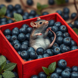 www.naked-ai.art - A red box of blue berries with a rat dancing inside