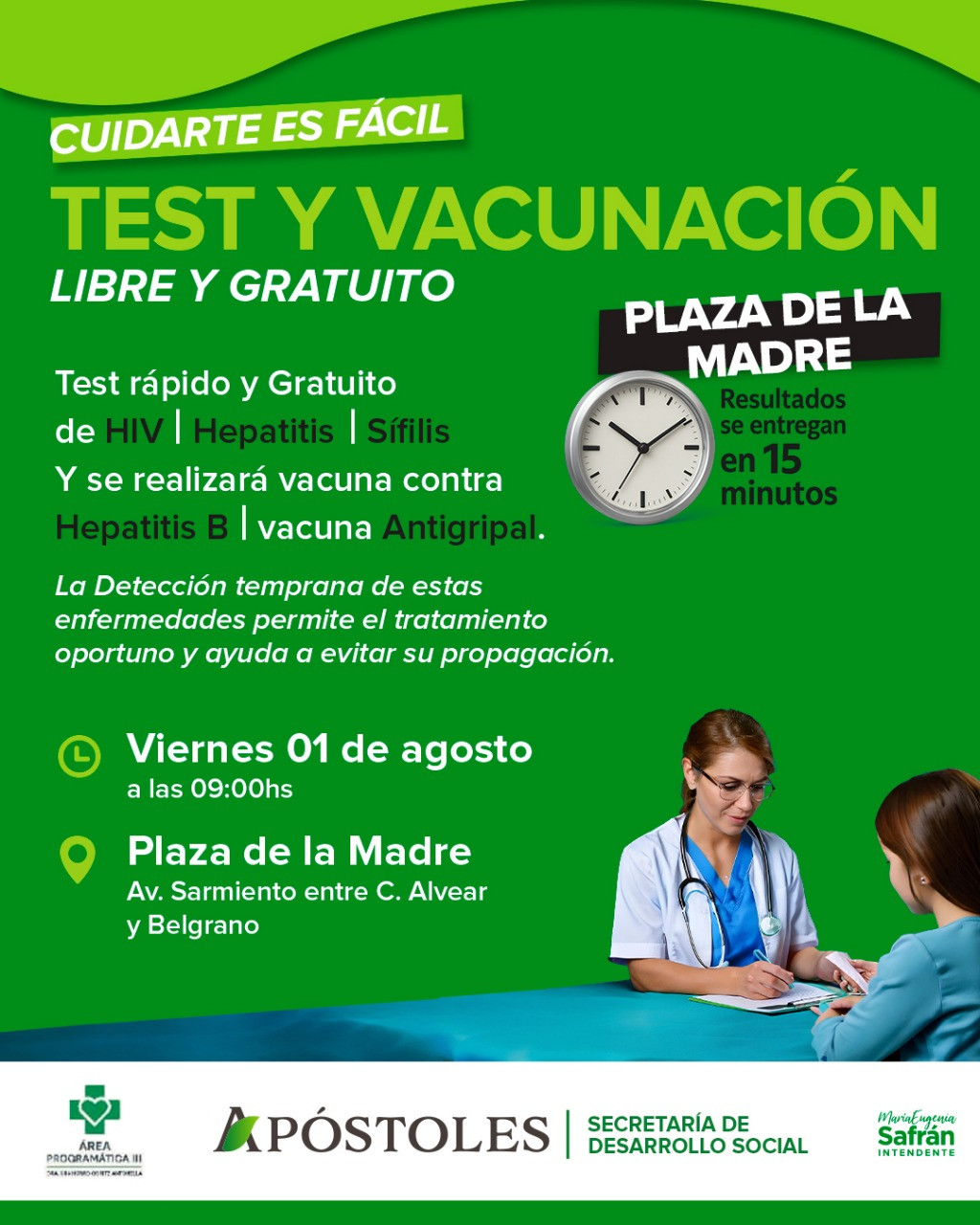 Test y Vacunación Libre y Gratuito este viernes 1 de agosto en la Plaza de la Madre
