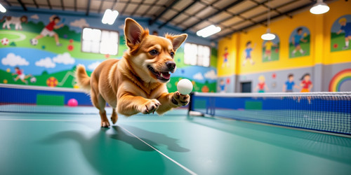 Absolutely adorable bouncy dog playing ping pong in a vibrant indoor sports hall Subject Absolutely .jpg