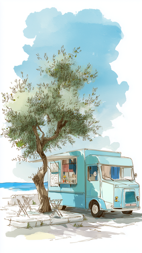 eman3139 charming hand drawn Greek food truck parked beside an 875c59f8 ca38 4951 8b5e 9d95956133d0.png