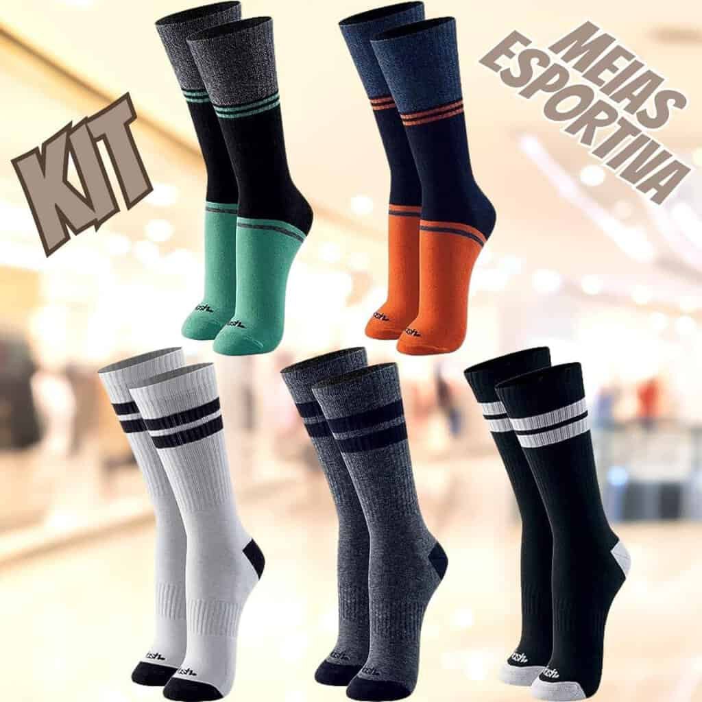 Kit 5 Pares Meia Esportiva Cano Alto Academia Mash Atoalhada em Algodão Masculina
