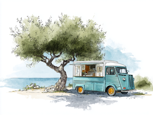 eman3139 charming hand drawn Greek food truck parked beside a 8c4459ea ac99 4f81 908e 7adc2498604f 0.png