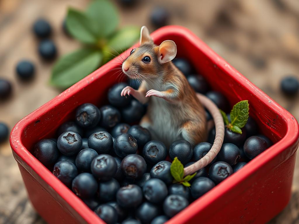 A red box of blue berries with a rat dancing inside