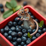 www.naked-ai.art - A red box of blue berries with a rat dancing inside