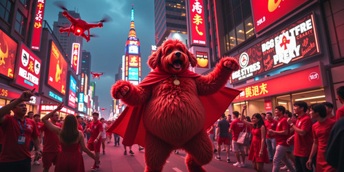 A vibrant energetic scene featuring Big Belly Bob a plump labradoodle with an absurdly large spheric.jpg