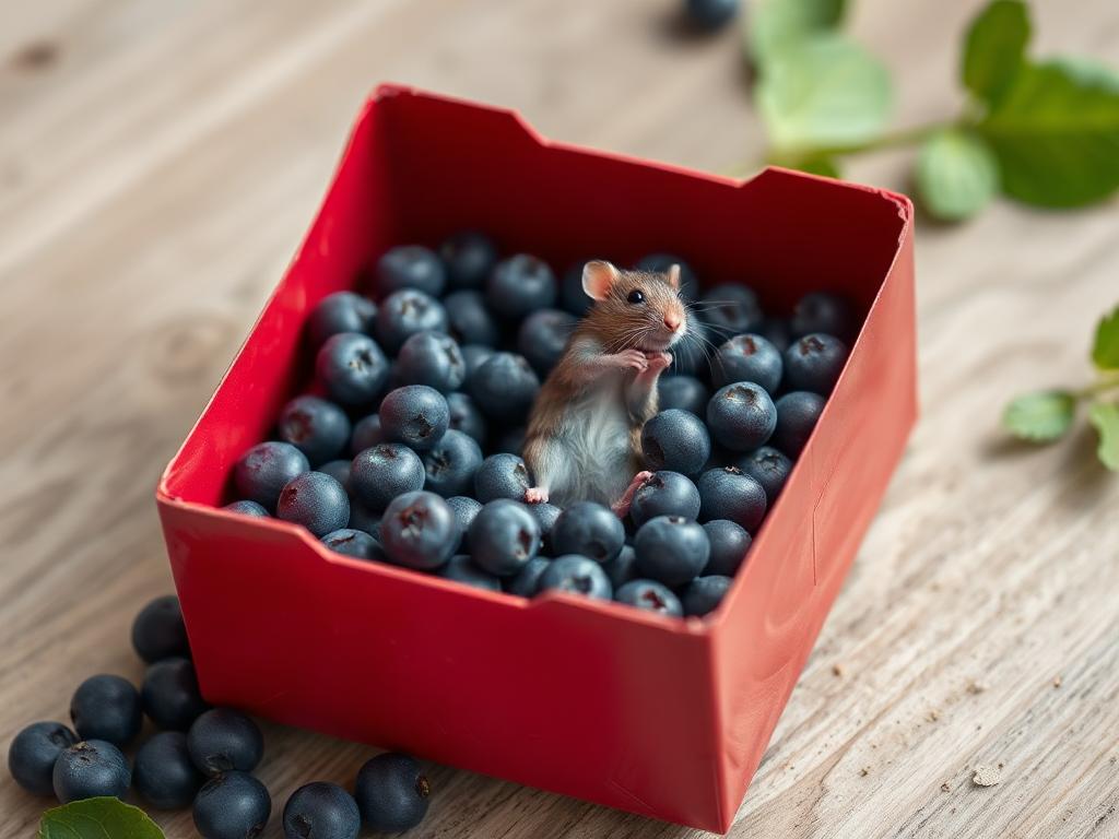A red box of blue berries with a rat dancing inside