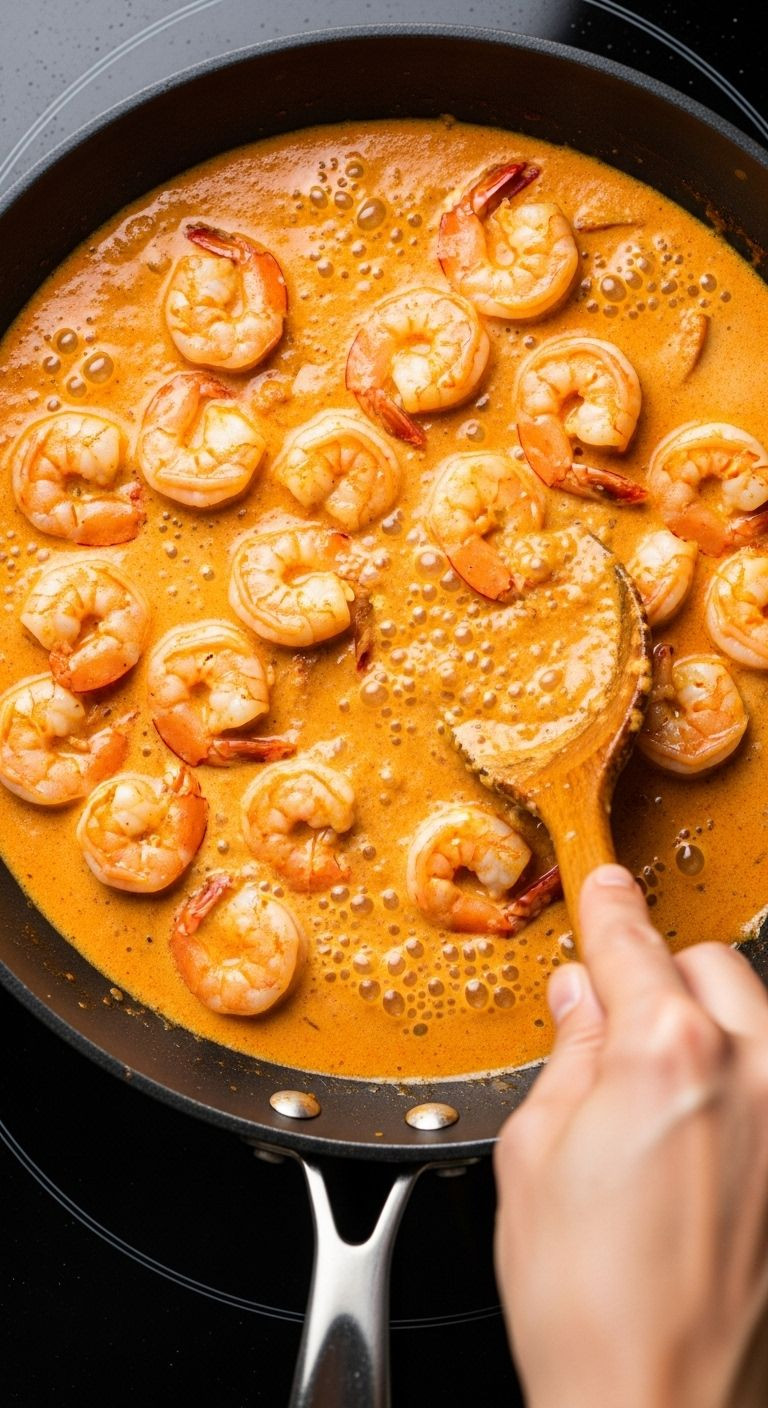 Hand stirring a skillet filled with creamy coconut curry sauce and perfectly pink shrimp, with bubbles from the simmer.