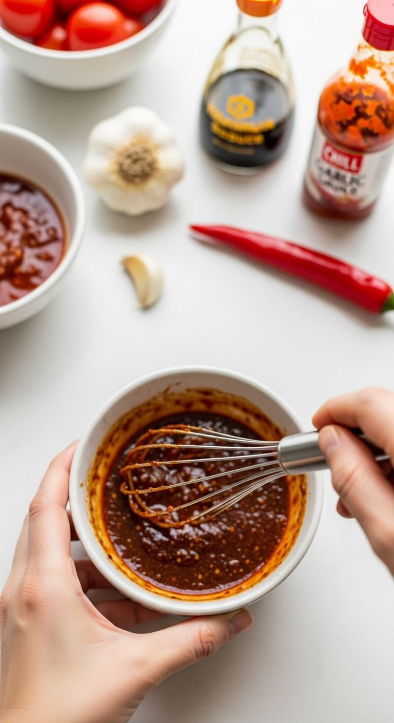Hand whisking a glossy, dark red and brown spicy ramen sauce in a small ceramic bowl, with garlic, soy sauce, and chili garlic sauce blurred in the background.