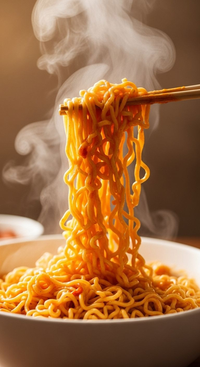 Chopsticks lifting ramen noodles coated in a glossy, creamy orange-red sauce from a large steaming ramen bowl.