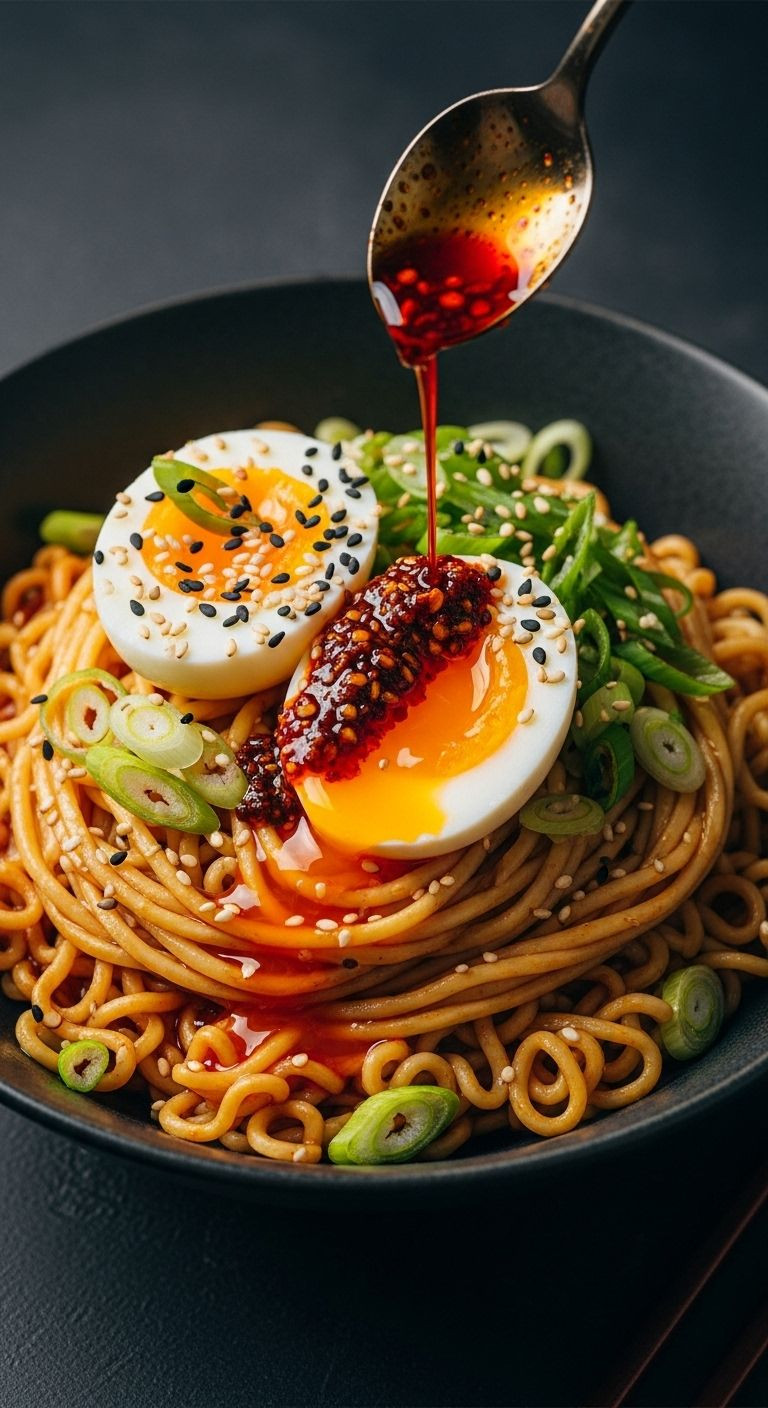 Assembled bowl of spicy ramen with perfectly swirled noodles, a halved soft-boiled egg with a runny yolk, sliced green onions, toasted sesame seeds, and a drizzle of red chili oil.