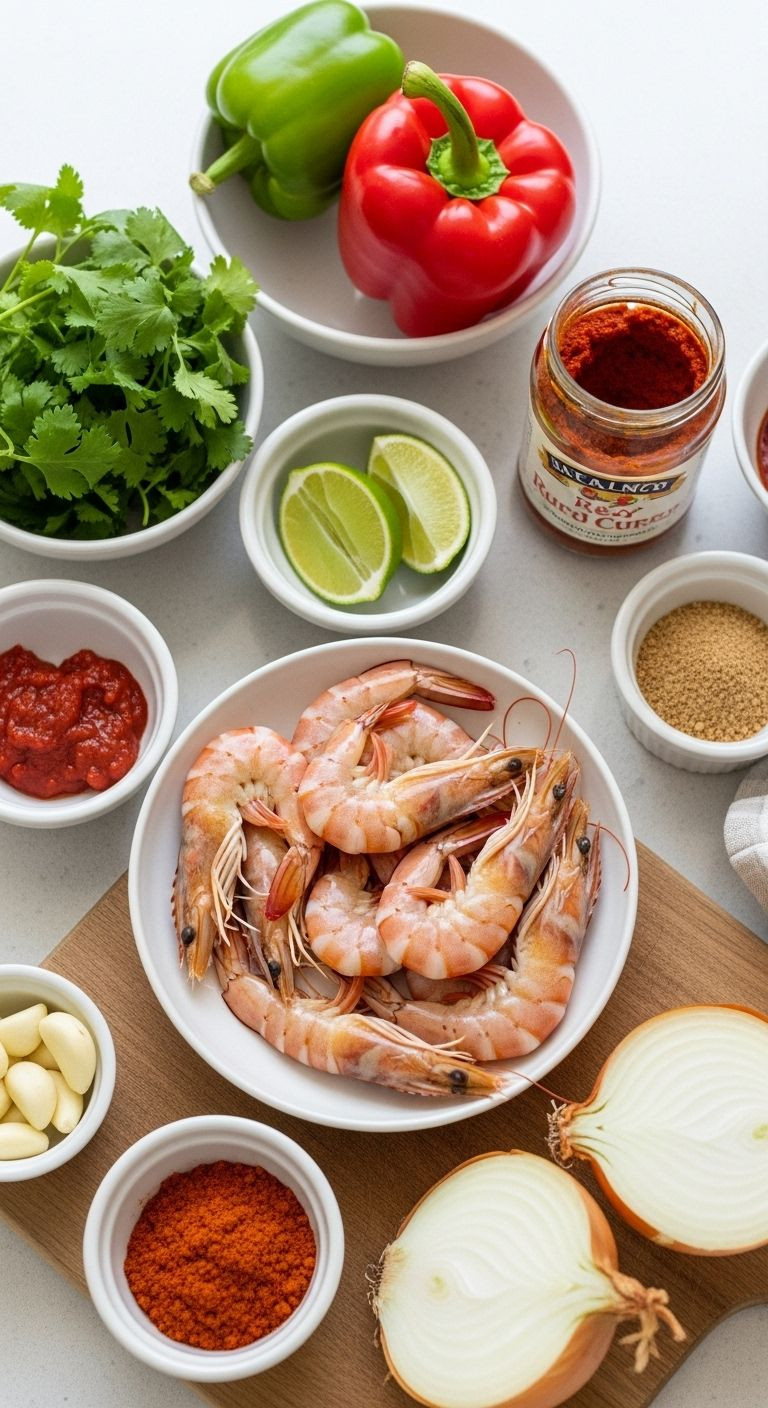 Flatlay of raw pink shrimp, red bell pepper, lime, cilantro, onion, and red curry paste, arranged in bowls and on a cutting board, ready for cooking.