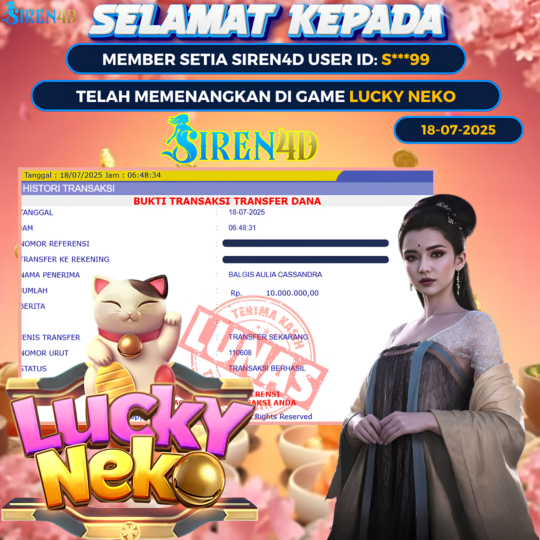 SIREN4D  - JACKPOT DI GAME SLOT LUCKY NEKO RP 10JT DIBAYAR LUNAS