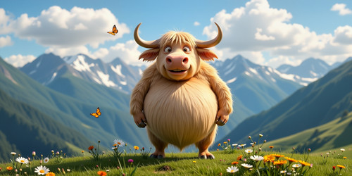 A whimsical and humorous scene featuring Big Belly Bob BBB transformed into a dzo a male hybrid of a.jpg