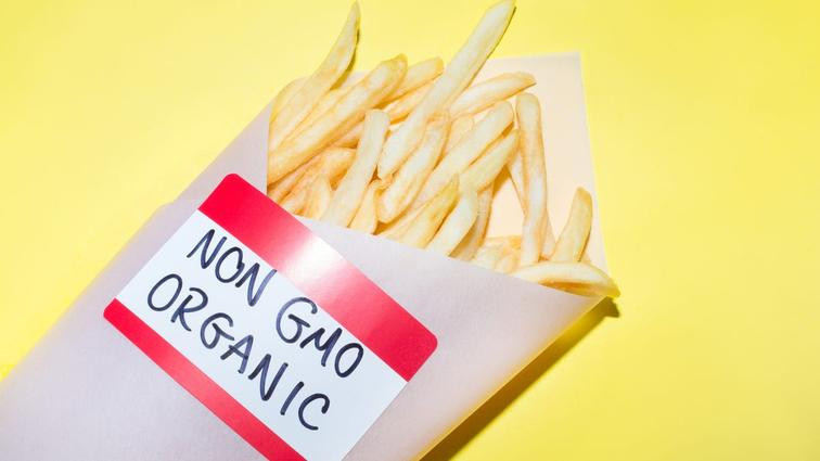 None Non GMO Organic French fries with organic food label.