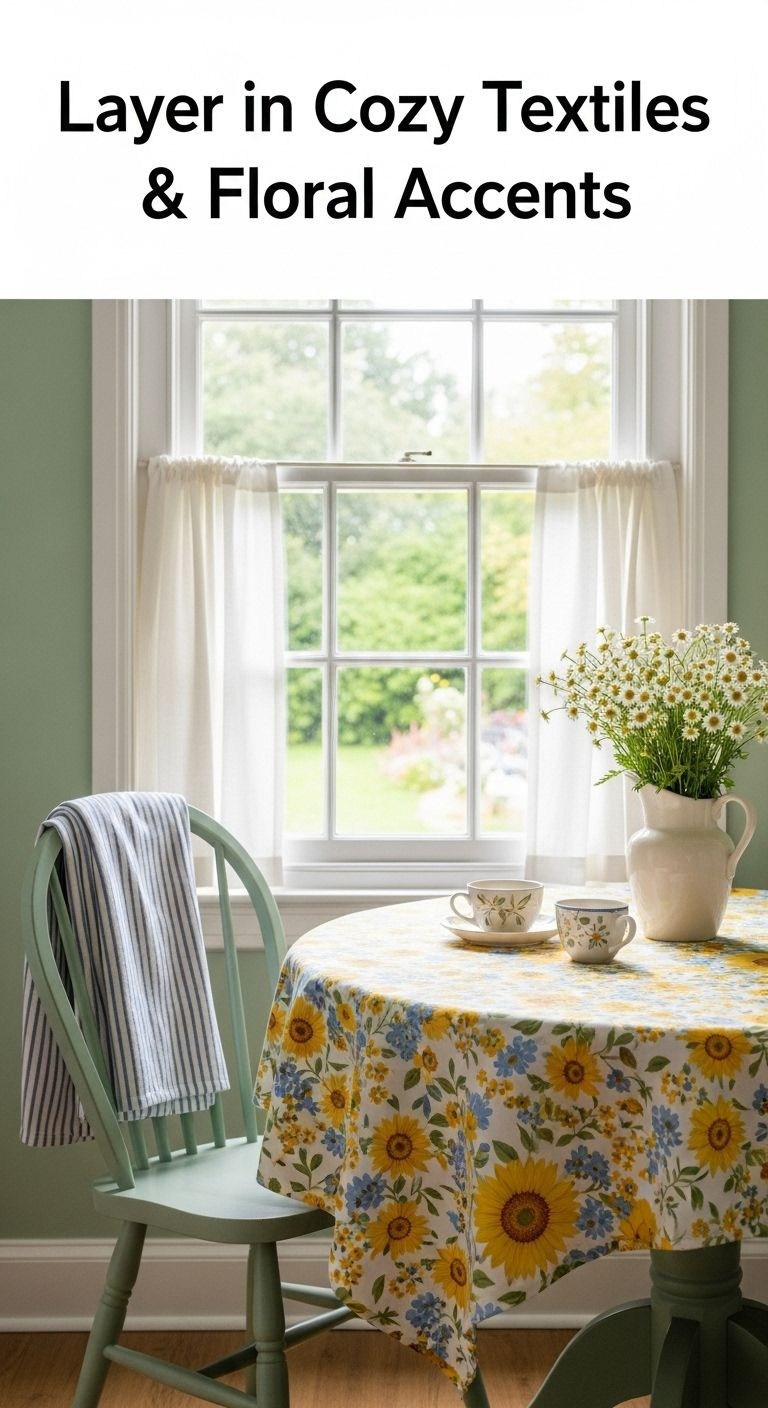 "Wooden farmhouse table with stoneware pitcher of wildflowers and linen napkins