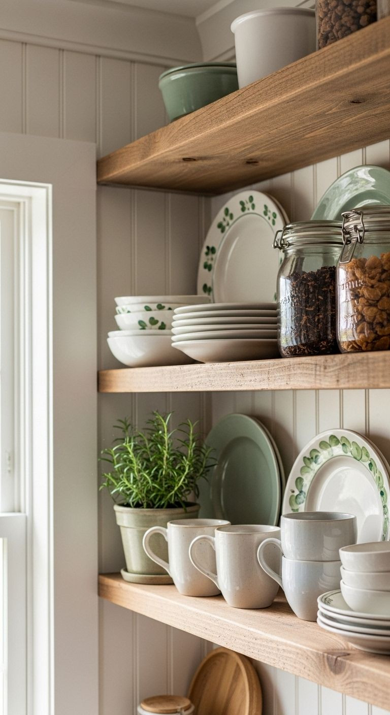 "Rustic open shelving with hand-painted ceramic plates
