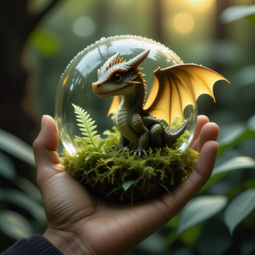 A whimsical scene featuring a tiny adorable dragon with iridescent snake skin perched happily on lus.1