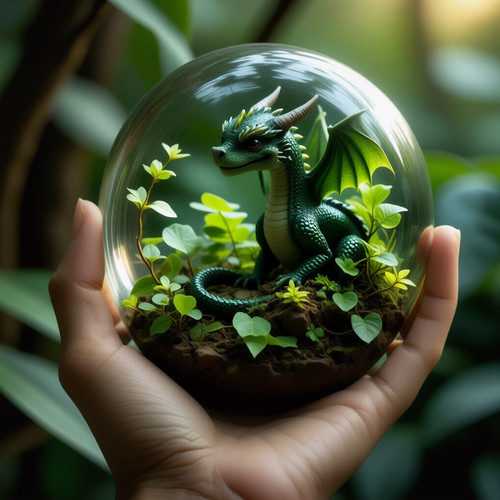 A whimsical scene featuring a tiny adorable dragon with iridescent snake like scales perched happily.1