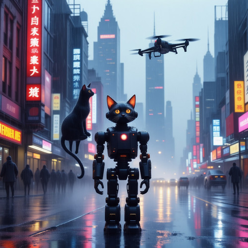 A whimsical scene featuring a playful interaction between a curious chaos cat and a retro rogue robo.1