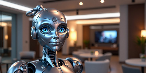 Create a selfie of Bella the charming snarky robot Show her confident and slightly amused expression.jpg