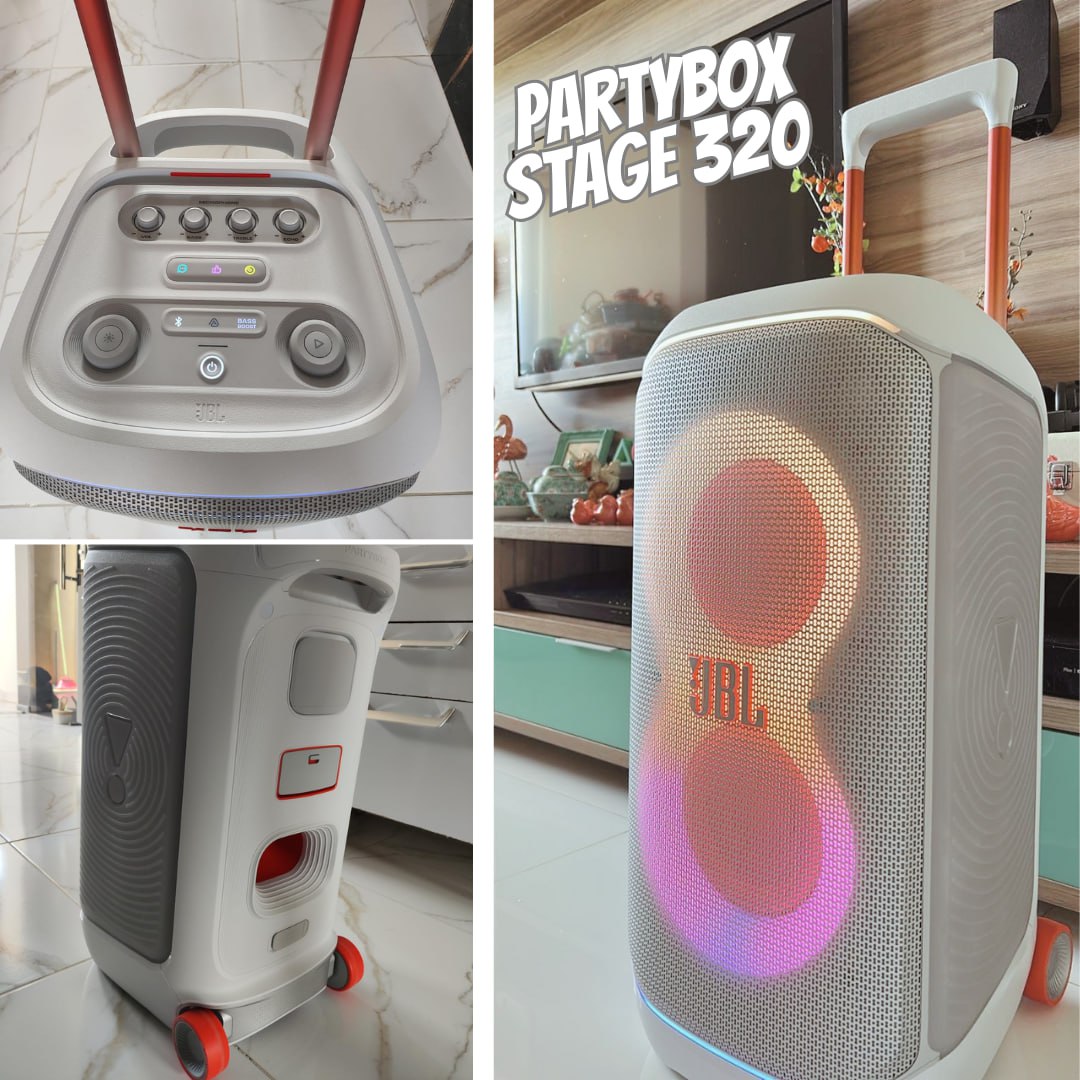 JBL, Caixa de Som Bluetooth, PartyBox Stage 320, Luzes Led, Entrada USB – Branca JBL, Caixa de Som Bluetooth, PartyBox Stage 320, Luzes Led, Entrada USB – Branca
