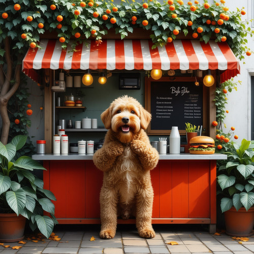 A heartwarming scene featuring Big Belly Bob the plump and lovable labradoodle seated contentedly in.jpg
