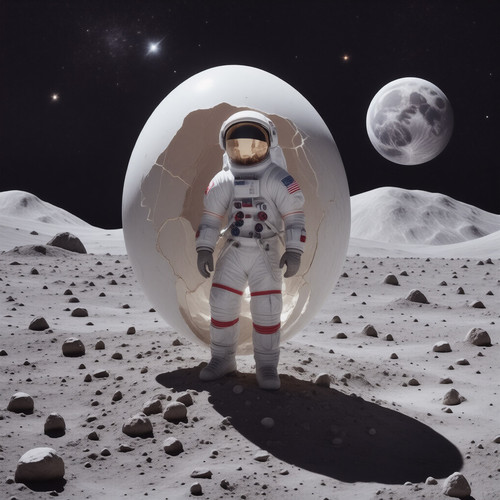 A surreal and whimsical scene depicting an astronaut carefully emerging from a large iridescent egg .jpg