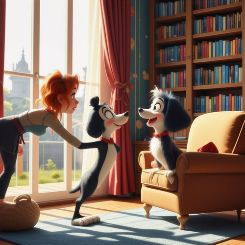A whimsical realistic photograph capturing a playful moment where de facto playfully pokes Bella an .jpg
