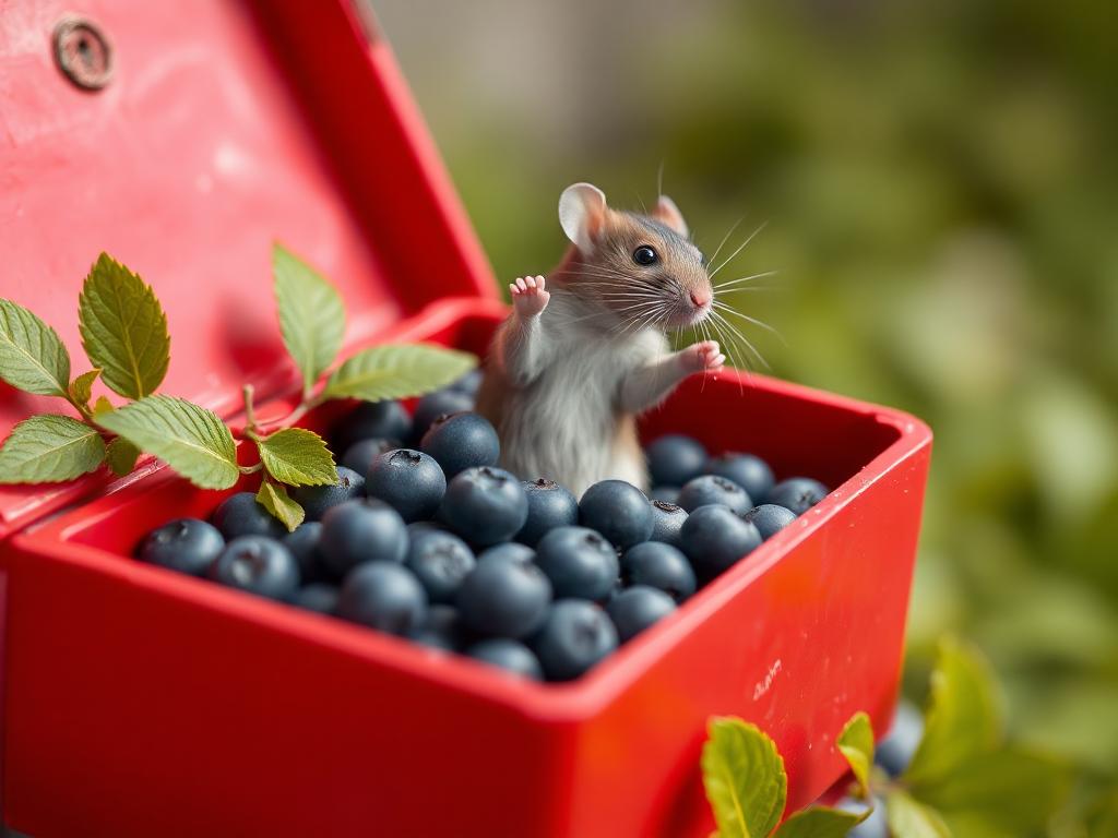 A red box of blue berries with a rat dancing inside