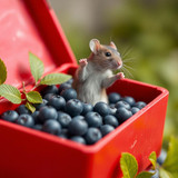 www.naked-ai.art - A red box of blue berries with a rat dancing inside