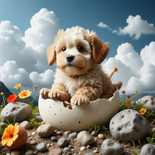 Generate an image of Big Belly Bob BBB the plush labradoodle with an absurdly large spherical belly .jpg