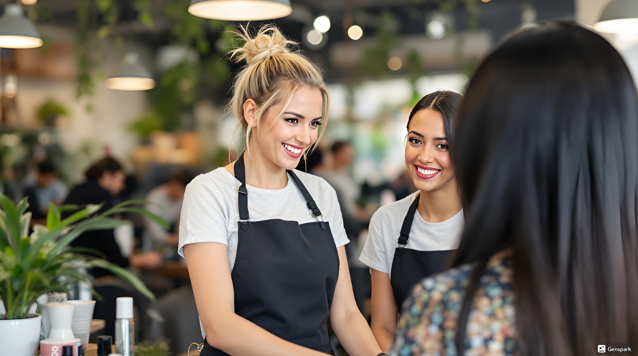 Salão de beleza vibrante com decoração eco-friendly