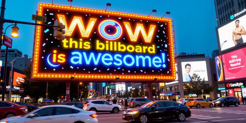 Generate an image of a vibrant eye catching billboard set against a busy urban backdrop The billboar.jpg