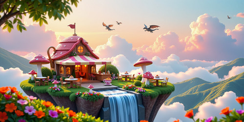 Create an image of a whimsical café on a floating island in the sky The café is nestled among lush g.jpg