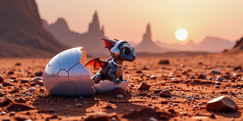A whimsical and enchanting scene depicting a tiny dragon carefully emerging from a shimmering irides.jpg