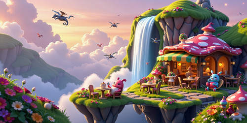 Create an image of a whimsical café on a floating island in the sky The café is nestled among lush g.jpg