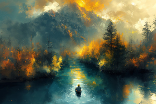 digital art river, digital painting style, fisherman, gouache, top view --ar 3:2 --stylize 1000 --v .jpg