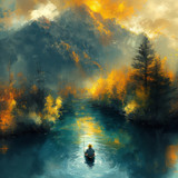 digital art river, digital painting style, fisherman, gouache, top view --ar 3:2 --stylize 1000 --v 