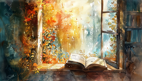 A painting of a window with a book open on a table. The mood of the painting is peaceful and serene,.jpg
