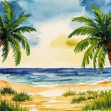 painting palm trees by ocean with beach scene