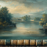 painting lake with trees bridge background