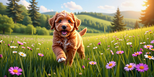 A playful energetic Australian Labradoodle puppy with a vibrant red coat and distinctive white marki.jpg